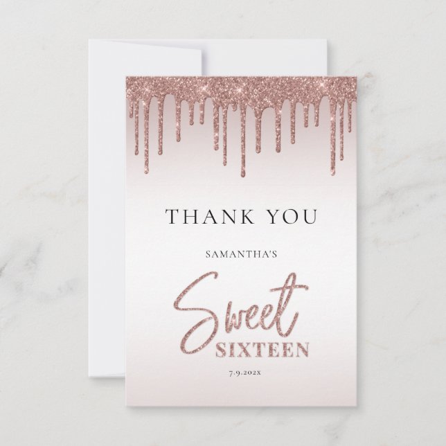 Carte De Remerciements Rose Parties scintillant or Drips Script Sweet 16 (Devant)