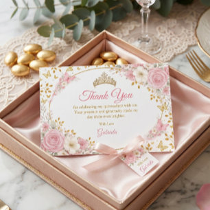 Carte De Remerciements Rose poudré Quinceañera Papillon doré 