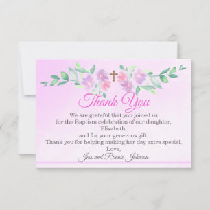 Carte De Remerciements Rose Poudrée Aquarelle Ombré Croix Baptême Fille P