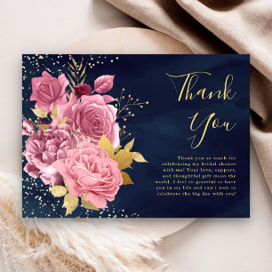 Carte De Remerciements Rose Poudrée Mauve Florale Bleu Nuit Baby Shower
