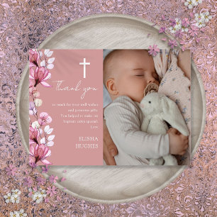 Carte De Remerciements Rose Poussiéreux Floral Fleur Photo Baptême Christ