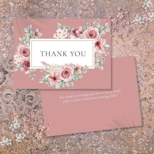 Carte De Remerciements Rose Poussiéreux Floral Géométrique Or (Dusty Rose Floral Gold Geometric Thank You Card)