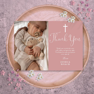 Carte De Remerciements Rose Poussiéreux Rose Élégant Script Photo Baptême