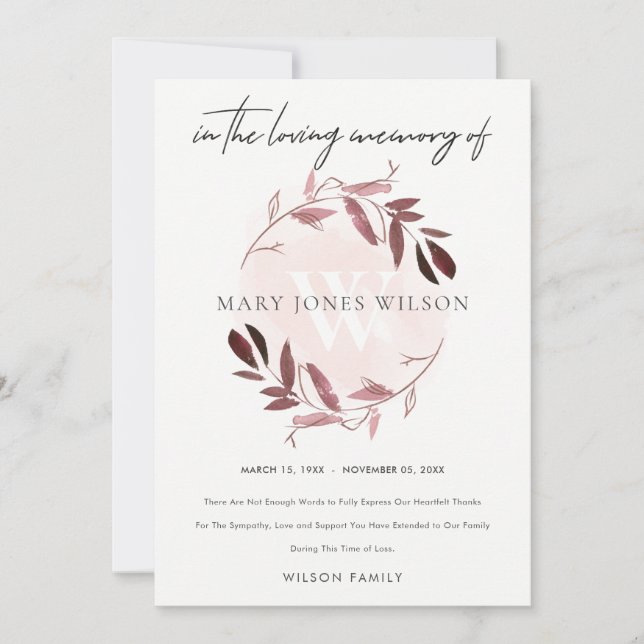 CARTE DE REMERCIEMENTS ROSE PURPLE BLUSH FOLIAGE WREATE SYMPATHIE MÉMORIA (Devant)
