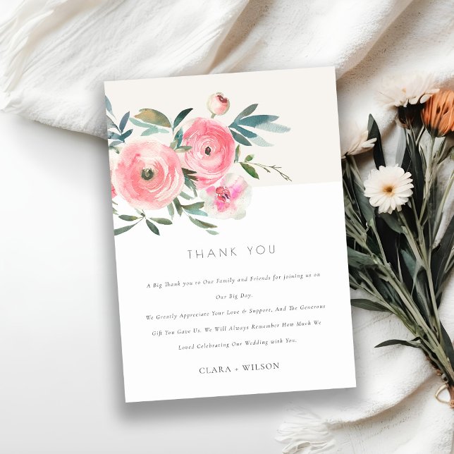 Carte De Remerciements Rose rose vert  Aquarelle Mariage floral (Créateur téléchargé)