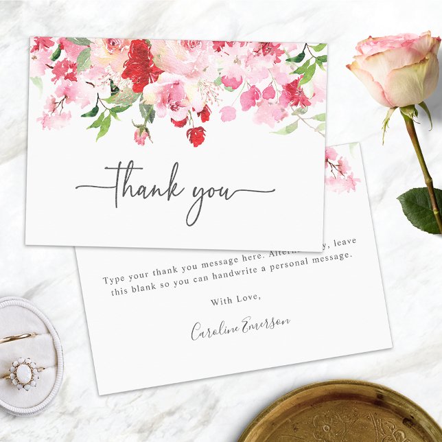Carte De Remerciements Rose rouge (Red and Pink Roses Thank You Card for Bridal Shower or Weddings by Painted Paperie
)