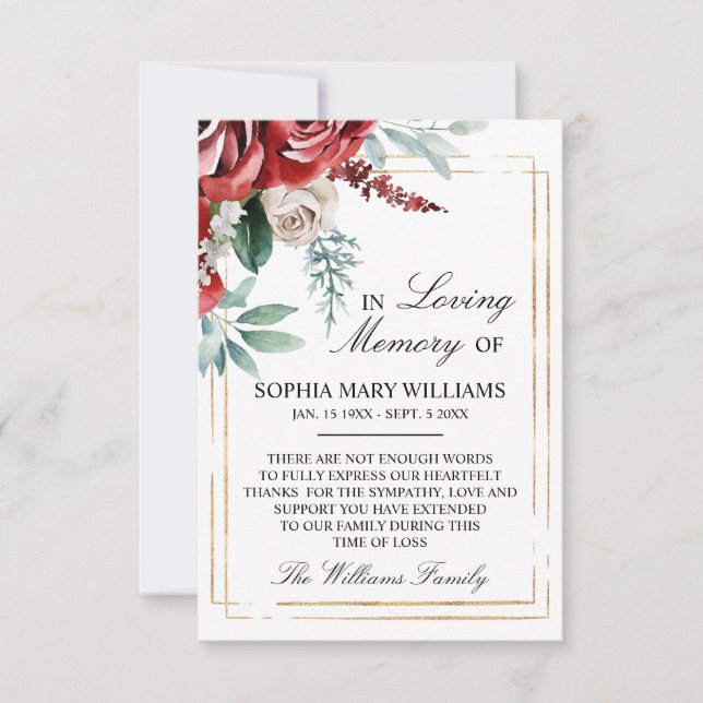 Carte De Remerciements Rose rouge et Feuilles verts Mémoire de sympathie (Devant)