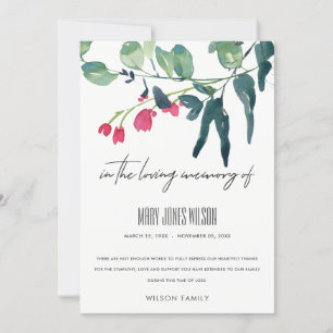 CARTE DE REMERCIEMENTS ROSE VERTE EUCALYPTUS FOLIAGE SYMPATHIE MÉMORIAL