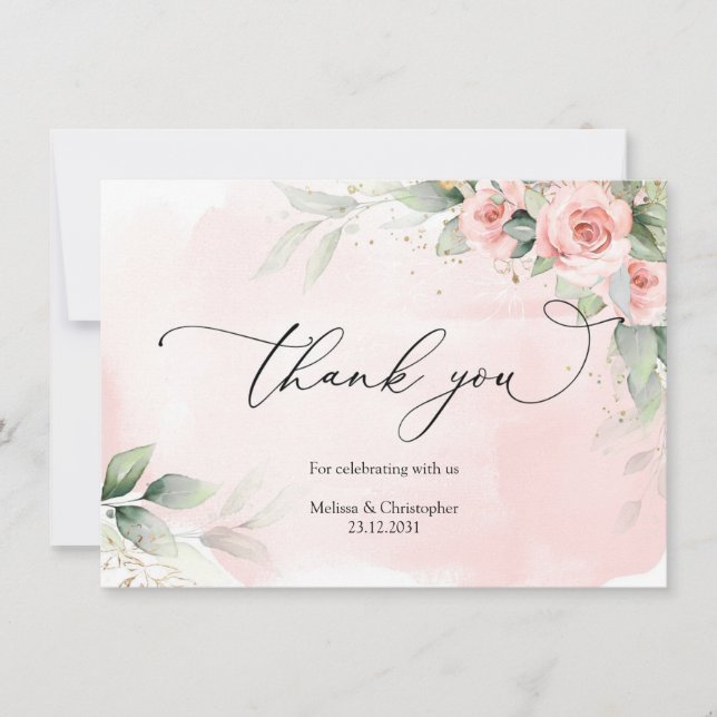 Carte De Remerciements Roses anciennes teintées de rose et feuillage vert (Devant)