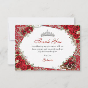 Carte De Remerciements Roses aquarelle rouges et argent Quinceañera