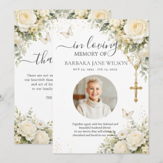 Carte De Remerciements Roses Blanches Fleurs Catholiques Photo Funéraille