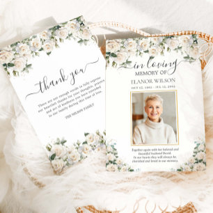 Carte De Remerciements Roses blanches Fleurs florales Photo Mémorial funé