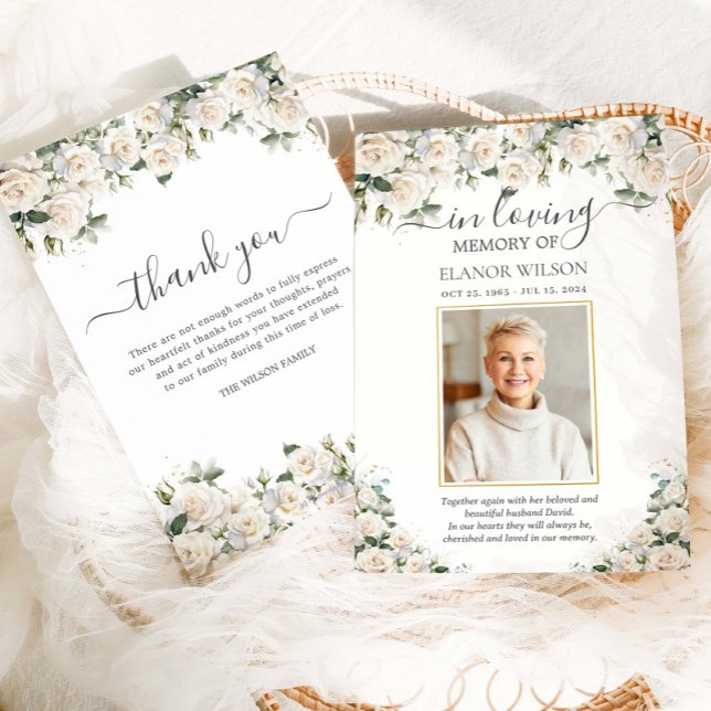 Carte De Remerciements Roses blanches Fleurs florales Photo Mémorial funé (Créateur téléchargé)