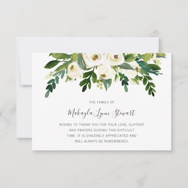 Carte De Remerciements Roses Blanches Florales Verdure Sympathie funérair (Devant)