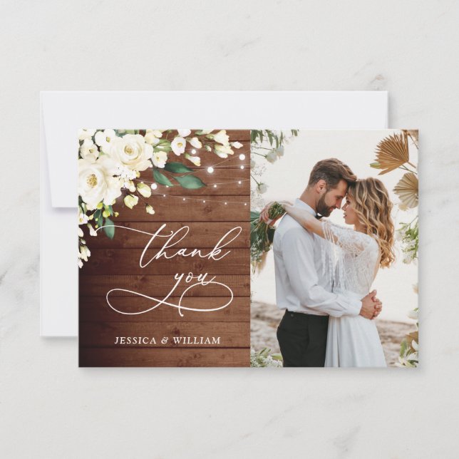 Carte De Remerciements Roses blanches Lanterne en bois rustique Photo (Devant)