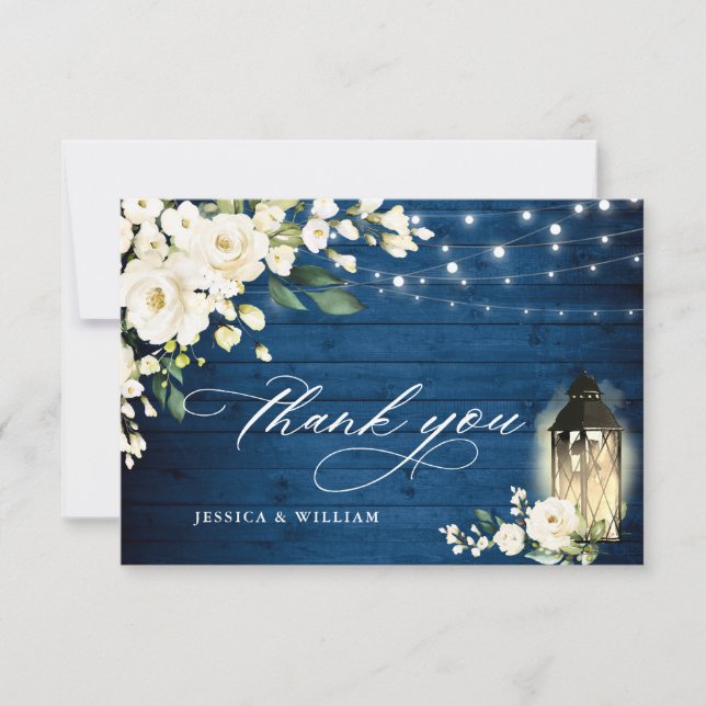 Carte De Remerciements Roses blanches Mariage Boho en bois bleu (Devant)