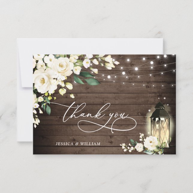 Carte De Remerciements Roses blanches Mariage de lanterne en bois rustiqu (Devant)