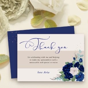 Carte De Remerciements Roses Bleu Royal et Ivoire Calligraphie Élégante