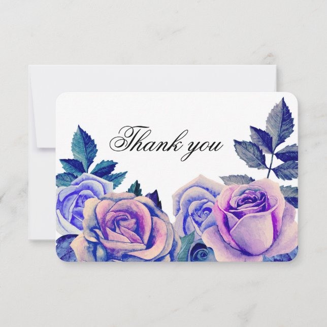 Carte De Remerciements Roses bleues et violettes merci. Mariage floral (Devant)