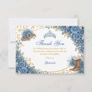 Carte De Remerciements Roses bleues occidentales Quinceañera Country doré