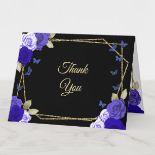 Carte De Remerciements Roses Bleues Or Noir Élégantes Début 18 Ans