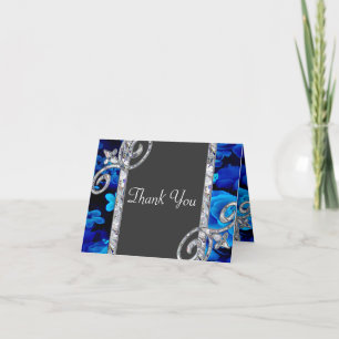 Carte De Remerciements Roses Bleus Brillant & Tourbillons de Diamants Mar