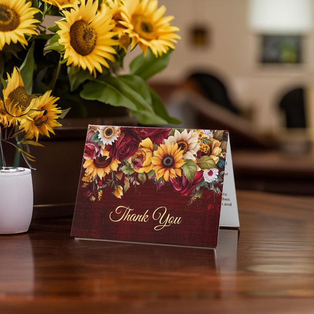 Carte De Remerciements Roses bordeaux et tournesols de remerciement d'aut (Fall thank you burgundy roses sunflowers)