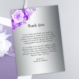 Carte De Remerciements Roses botaniques violets en Mariage argenté
