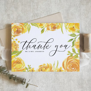Carte De Remerciements Roses de jardin jaunes aquarelle cadre mariage