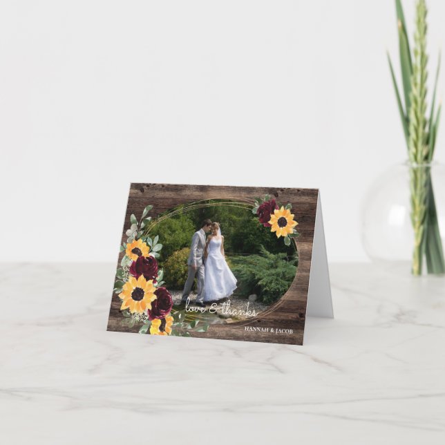 Carte De Remerciements Roses de tournesol Bois rustique Mariage Photo (Devant)