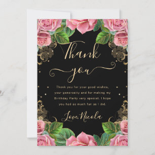 Carte De Remerciements Roses Fleurs Roses et Or Anniversaire