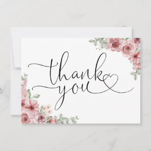 Carte De Remerciements Roses Floral Heart Script Noir Et Blanc