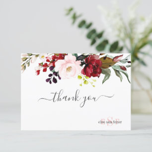 Carte De Remerciements Roses Monogramme Aquarelle Rouge-Bourgogne Blush
