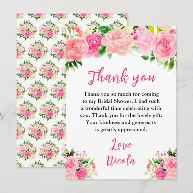 Carte De Remerciements Roses roses avec feuillage Baby Shower de mariage (Devant / Derrière)