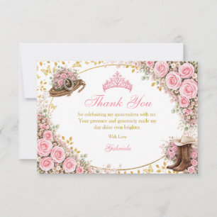 Carte De Remerciements Roses roses occidentales dorées Quinceañera