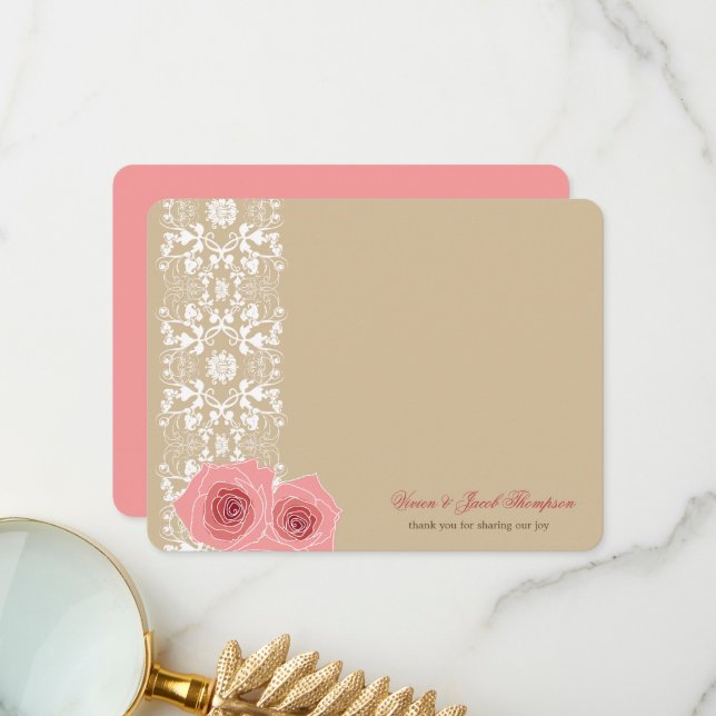 Carte De Remerciements Roses Roses Roses Et Dentelle Damas Romantique Chi (Devant/Arrière en situation)