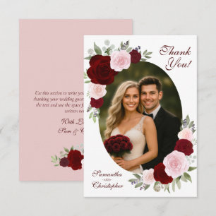Carte De Remerciements Roses rouges Bourgogne et roses blush ovale photo