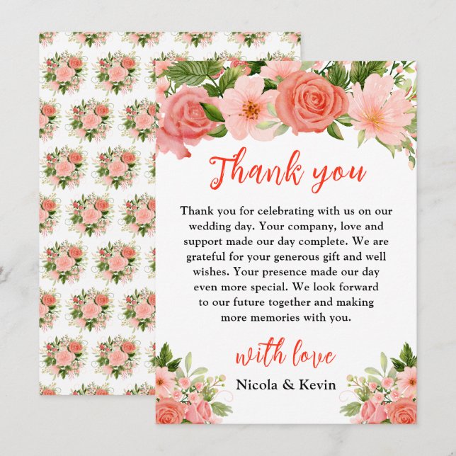Carte De Remerciements Roses rouges corail avec feuillage (Devant / Derrière)