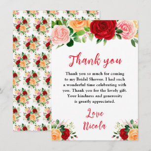 Carte De Remerciements Roses rouges et orange romantiques pour la douche 