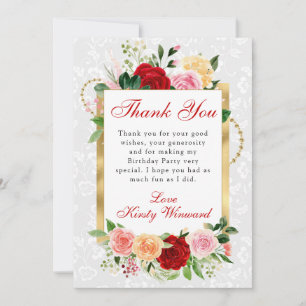 Carte De Remerciements Roses rouges et oranges Fleurs Papier d'or Anniver