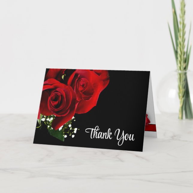 Carte De Remerciements Roses rouges sur Mariage noir (Devant)
