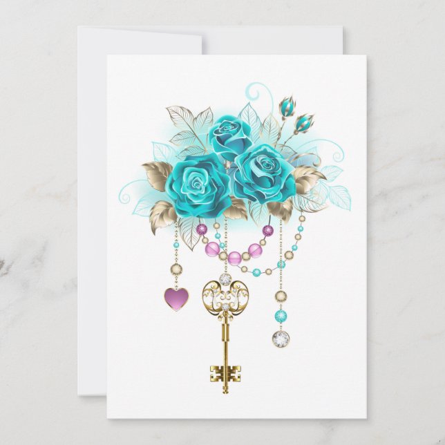 Carte De Remerciements Roses Turquoise avec Clés (Devant)