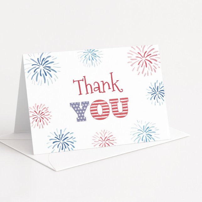 Carte De Remerciements Rouge Blanc Bleu Patriotique Anniversaire de Juill (Red White and Blue fireworks thank you card design with USA flag detail)