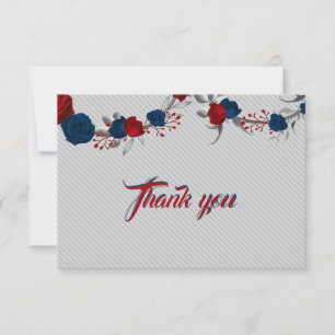 Carte De Remerciements rouge et bleu marine fleurs gris feuille