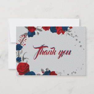 Carte De Remerciements rouge et bleu marine fleurs gris feuille
