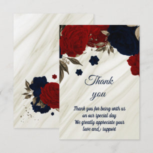 Carte De Remerciements rouge et floral en marbre bleu de nuit