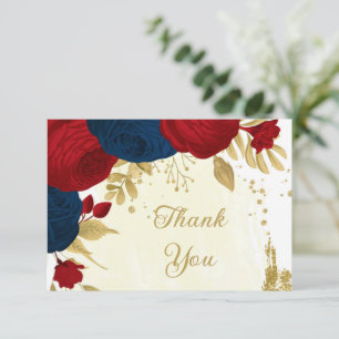 Carte De Remerciements rouge foncé & bleu marine fleurs or mariage