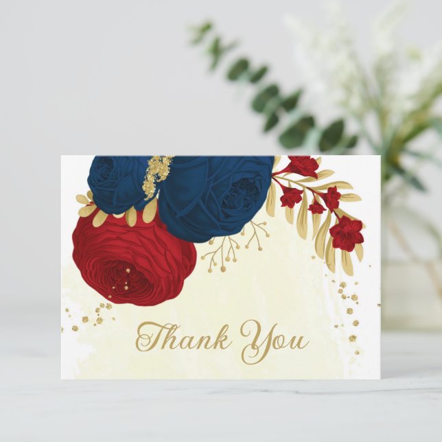 Carte De Remerciements rouge foncé & bleu marine fleurs or mariage (Debout devant)