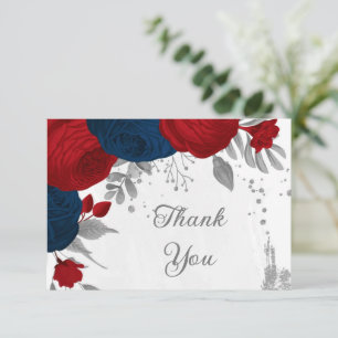 Carte De Remerciements rouge foncé & fleurs de marine argent mariage bota