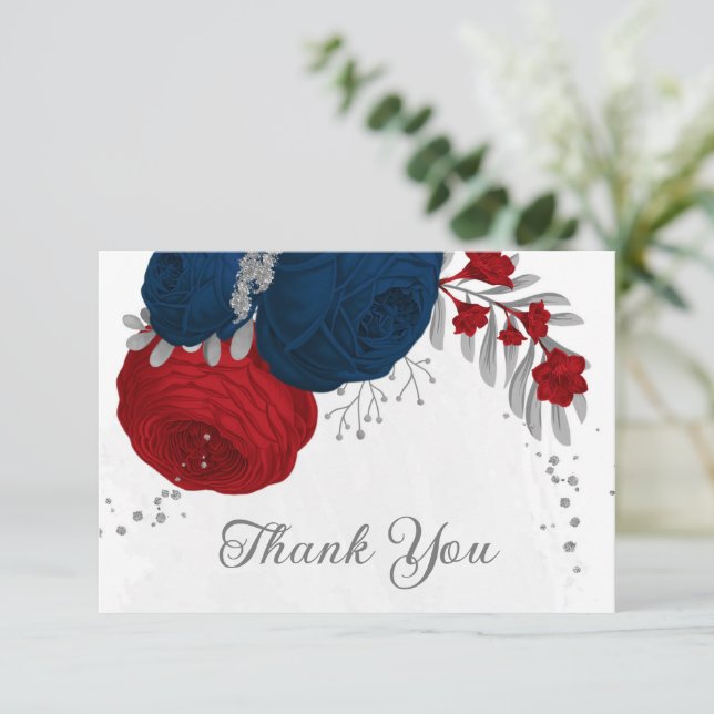 Carte De Remerciements rouge foncé & fleurs de marine argent mariage bota (Debout devant)